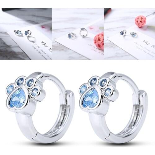 Cute Mini Pet Paw Earring Blue CZ Cat Paw Print Hoop Earrings Lady Girls Birthday Jewelry Gift Creative Pet Animals Paw Earring