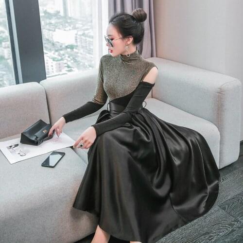 Fashion Two-Piece Sets Female Autumn High-Neck Slim Knit Sweater With Waist Black Mid-Length Skirt Suits