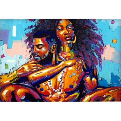 Wall art oil paintings Canvas African American Queen Lovers Couple Hand painted artwork colorful picture for living room bedroom