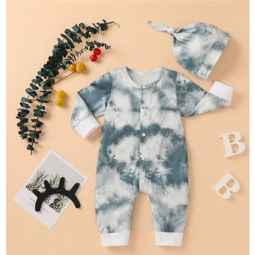 New Spring Autumn Baby Boys Romper Girls Tie Dye Long Sleeve infant Button Romper Jumpsuits Hat Newborn Clothes Kids clothing