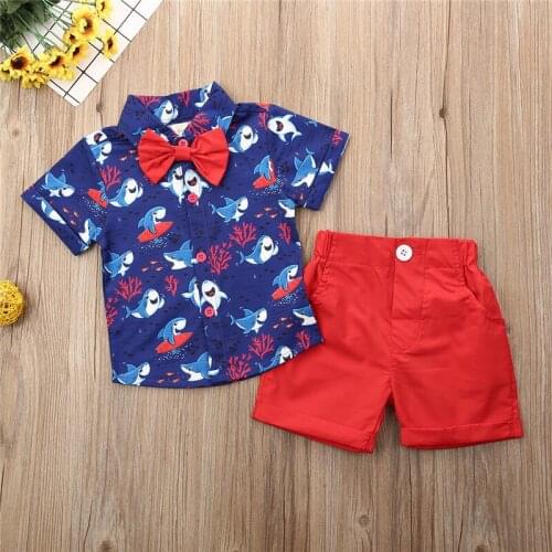 Toddler Kids Baby Boys clothes short sleeve animal print turn-down collar Bow Tops solid Button pocket Shorts 2pc cotton Outfits