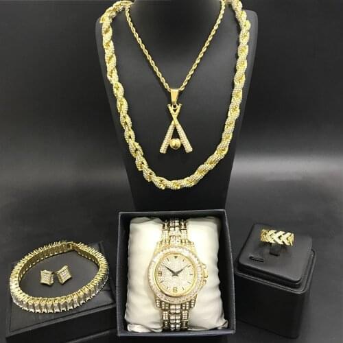 Luxury Men Gold Color Watch & Necklace & Braclete & Ring & Earrings Combo Set Ice Out Cuban Mens Ring Hip Hop Neckalce Chain