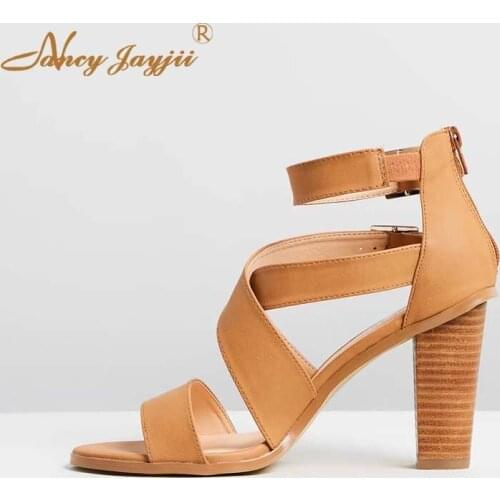 2019 Summer Ladies Tan Sandals Platform Woman Marble Cross Buckle Double Strap Chunky Block Heels Fashion Female Classic Shoes