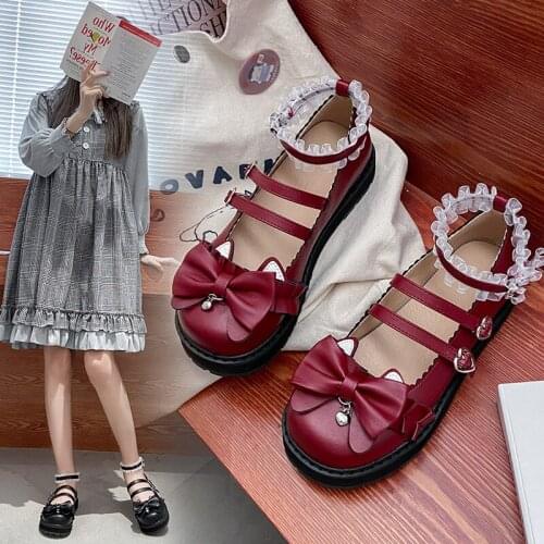 Lolita Lolita Platform Womens Shoes Cute Bow Round Toe Doll Shoes Harajuku Flat Soft Sole Leather Shoes