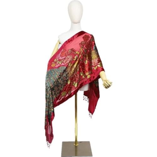 Ornate Velvet Peacock Butterfly Flower Design Shawl Scarf with Beads Rectangle Belt Women Belly Dance Hip Scarf Tribal Dance