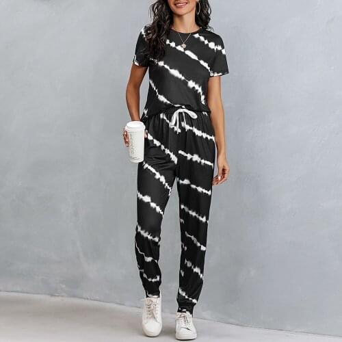 Women Short Sleeve Tie Dye Shirt with Long Pants Casual Lounge 2 Piece Sets 2021 Ladies Loose Casual Female Homewear Sets D30