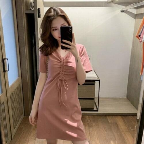 Women clothes 2019 Plus size v-neck fashion sexy casual retro waist kawaii thin drawstring short-sleeved dress