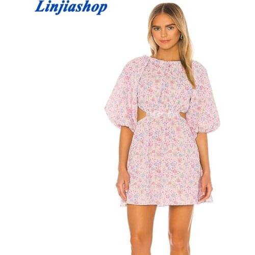 Spring summer women mini dress backless floral print O-neck puff sleeve high waist party femme vestidos mujer