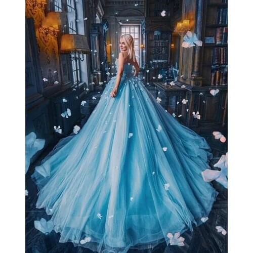 Elegant Blue Tulle Quinceanear Dresses Ball Gowns Strapless Plus Size Prom Vestido The Fiesta Evening Robe De Soiree Gala Dress