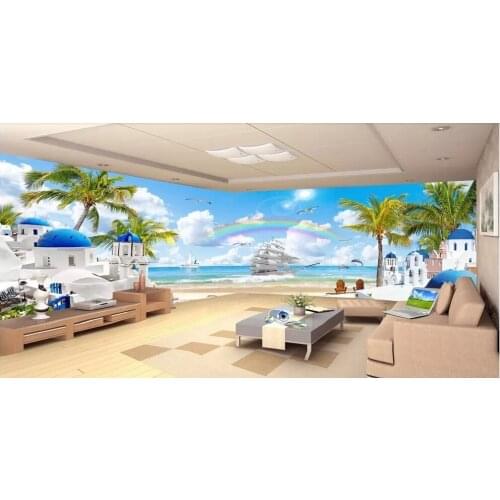 3d wallpaper custom mural Seaside building coconut tree seagull landscape Background wall 3d wall murals wallpaper for walls 3 d