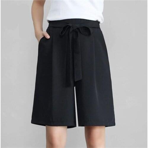 Casual Chiffon Belted Half Pants 2020 Summer beach street women wide leg pants with Sashes Girls Elastic Pants Big Size 7XL