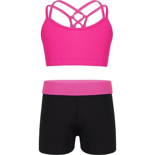 Kids Girls Ballet Dance Costume Outfit Tanks Bra Tops Crop Top With Shorts Tracksuit Set Gymnastics Workout Sports Dance Wear