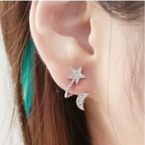 Korean fashion jewelry imitation ear exquisite wild pentacle star moon ear clip earrings female love wholesale price [A]