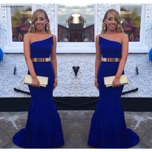 Royal Blue Mermaid Evening Dress Simple Long with Golden Belt Dubai African Formal Holiday Wear Party Gown Custom Made