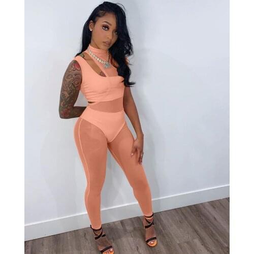 Summer Outfits Women Knitted 3 Piece Set One Shoulder Crop Top Mesh Sheer Bodycon Jumpsuit Slim Pants Sexy Club Matching Set