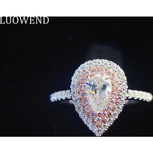LUOWEND 18K White Gold (AU750) Engagement Ring Bague Gold Rings Pear Shape Natural Diamond Ring for Women Wedding Anniversary