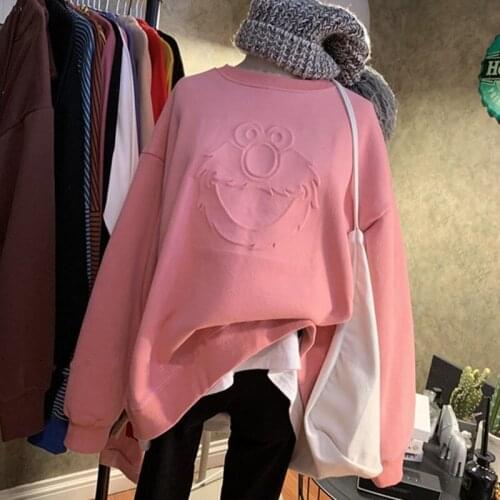 Cartoon 3D Embossing Crewneck Fleece Sweatshirt Women Pullover Long Sleeve Casual Winter Warm 2021 Thick Hoodie Japanese Fashion