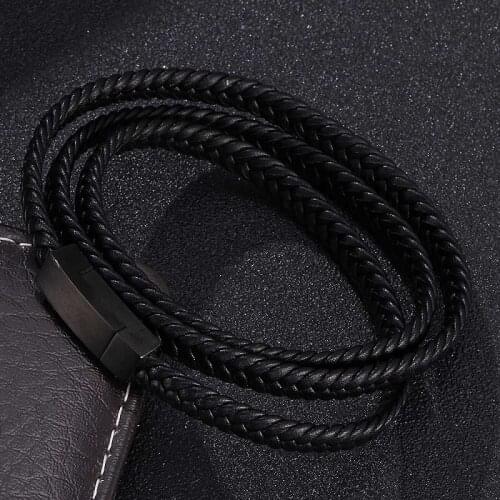 Fashion Charm Bracelets Stainless Steel Magnetic Buckle Men Braided Black Leather Bracelets for Women Wrist Band Gifts ST512