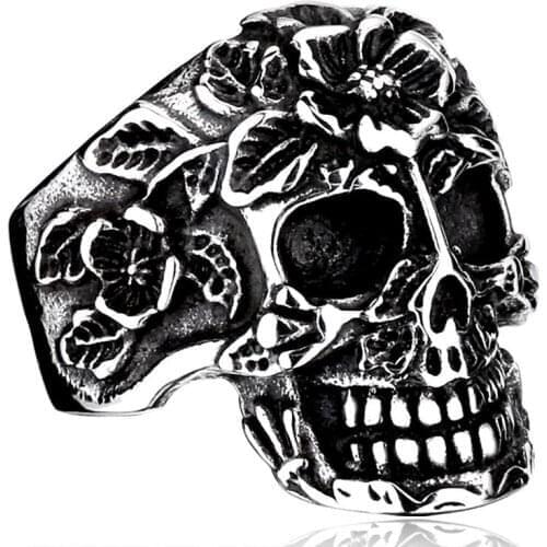 Flower Skull Ring 316L Stainless Steel Mens Demon Skull Biker Ring