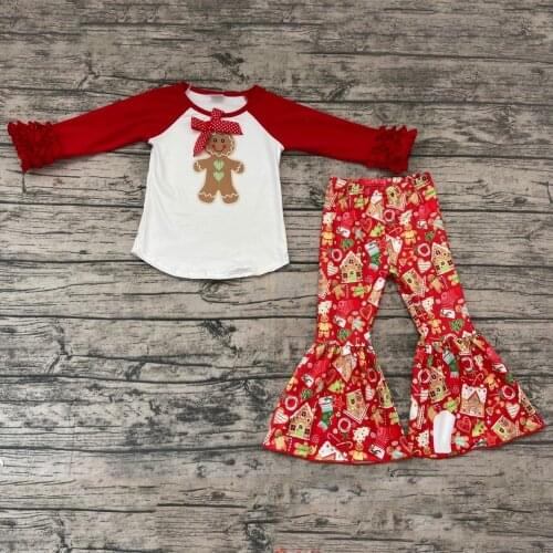NEW ARRIVAL Red Long Sleeve Bread Doll Pattern Shirt With Bowknot 2 Pieces Set for Baby Girl