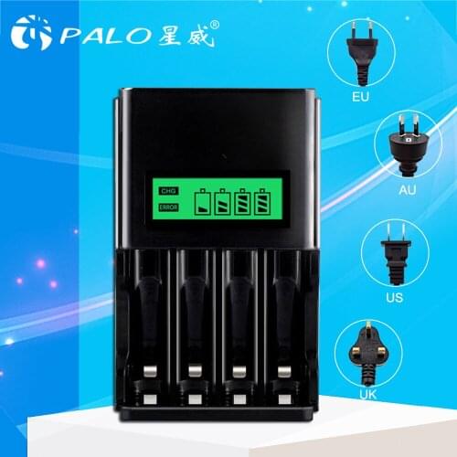 PALO 4 Slots LCD Display Smart battery charger for 1.2V AA AAA rechargeable battery NI-MH NI-CD battery with EU AU US UK plug
