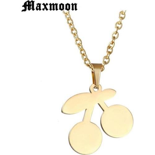 Maxmoon Romantic Stainless Steel Cherry Pendants Necklaces Women Girl Kids Long Chain Fruit Jewelry Accessories Choker