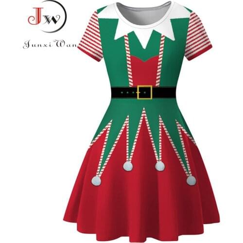 Christmas Dress Women Casual Elegant Print Red Xmas Party Dress Vintage Retro O-neck Short Sleeve A-Line Vestidos Robe Femme