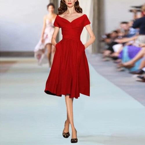 Sexy V-neck Pleated Midi Party Dresses for Women 2021 Summer Elegant Short Sleeve Red Woman Dress With Sashes