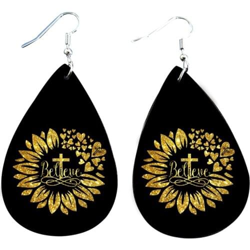 Earrings-Faith Hope Love Sunflower Leather New Cross Printed Faux Leather Accessories
