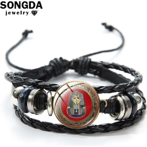 SONGDA Ancient Egyptian Sphinx Bracelet Egyptian Scarab Eye of Horus Vintage Pattern Glass Cabochon Charm Bracelet for Men Gift