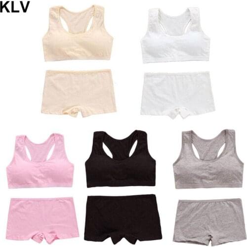 Teens Girls Sports Bra Puberty Gym Underwear Wireless Teenager Sport Bra with Briefs Cotton Young Girls Training Bra Set