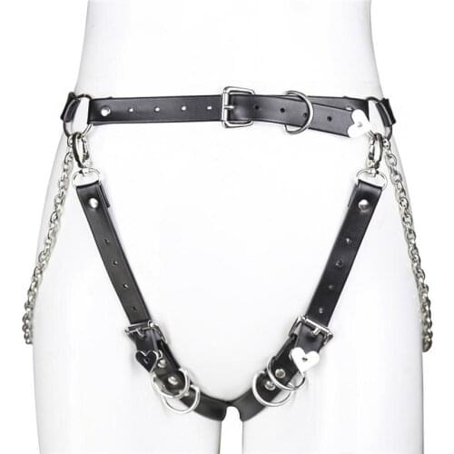 Adult Women PU Leather Harness Panties Studded Bondage Drape Metal Chain Underpants Fetish Open Crotch Sex Products