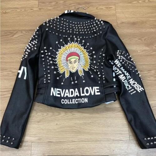 New cartoon rivet beading pu leather coats Women letters rivet beading Leather Jacket Punk Rock Cropped Jackets F2017 dropship