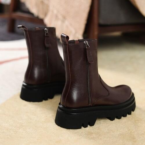 Women Shoes Round Toe Platform Boots Genuine Leather Ankle Boots for Women Motorcycle Boots Girls Boots womens platform heels