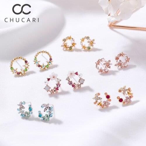 CHUCARI 2019 Korean New Colorful Rhinestone Wreath S925 Stud Earrings For Women Sweet Flower Shell Small Cirlce Brincos Gift