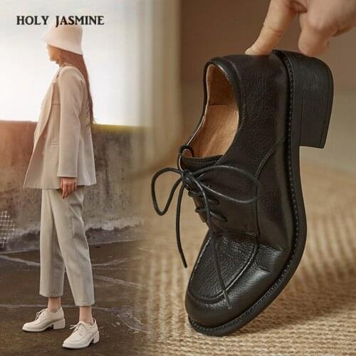 Elegant Cross Tied Shallow Shoes for Women Genuine Leather Platform Chunky Heels Pumps Autumn Party Working Shoes Woman 2021 New