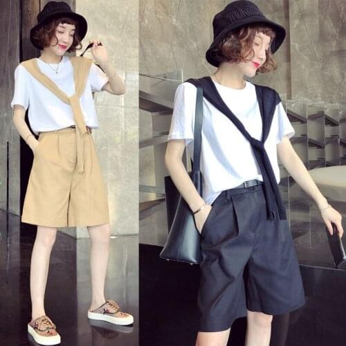 2021 Women Spring Summer Vintage Suit Female O-neck Short Sleeve T-shirt Wide Leg Shorts Sets Lady Casual Solid 2 Piece Set D589