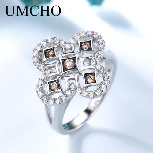 UMCHO Solid 925 Sterling Silver Rings for Women Sparkling Vintage Yellow Zircons Leaf Romantic Wedding Party Anniversary Jewelry