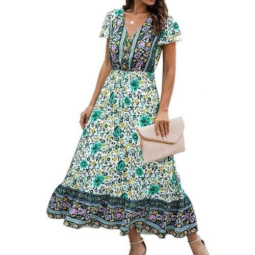 Summer Women Dress Beach Floral Print Ruffle Women Short Sleeve V Neck Skirt Vintage Floral Print Maxi Dress Streetwear