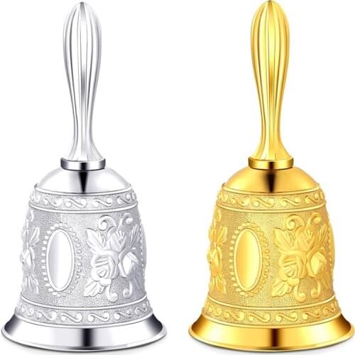 2 Pieces Hand Bell Call Vintage Hand Held Bell Service Call Bell Multi-Purpose Metal Bell for Dinner, Tea Time