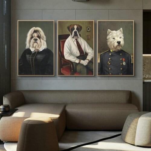 Abstract Retro Wall Art Dog In Military Uniform Oil Canvas Paintings Wall Posters and Prints Wall Art Pictures Home Decoration