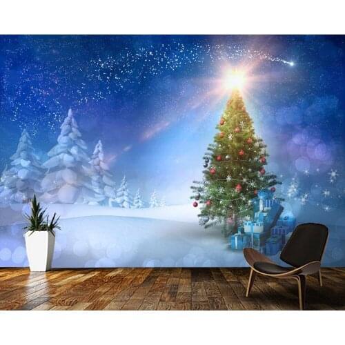 Papel de parede Christmas tree under blue starry sky Christmas decoration cartoon kids 3d wallpaper,children bedroom bar mural