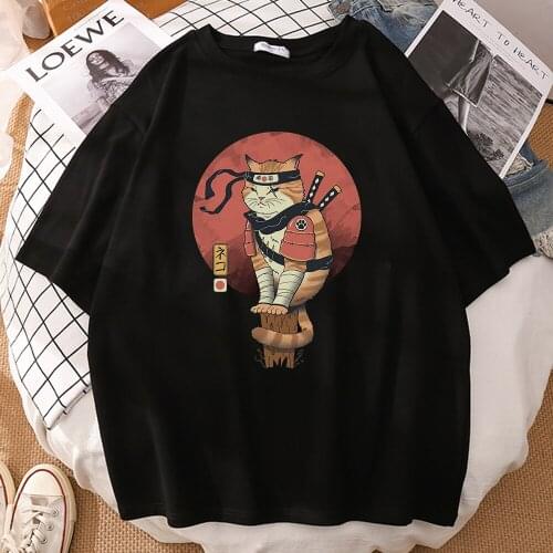 Japanese Ninja Cat Printing T-Shirt Man Vintage Fashion T-Shirts Punk Streetwear T Shirt Cool Summer Short Sleeve Man Tshirts