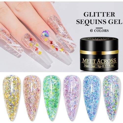 MEET ACROSS Glitter Sequins Nail Gel Polish Holographic Gel Nail Polish Long-Lasting Hybrid Nail Art DIY Design Varnish