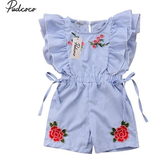 Pudcoco Toddler Baby Summer Clothing Flower Striped Ruffle Romper Kids Girl Blue Jumpsuit Outfits Clothes