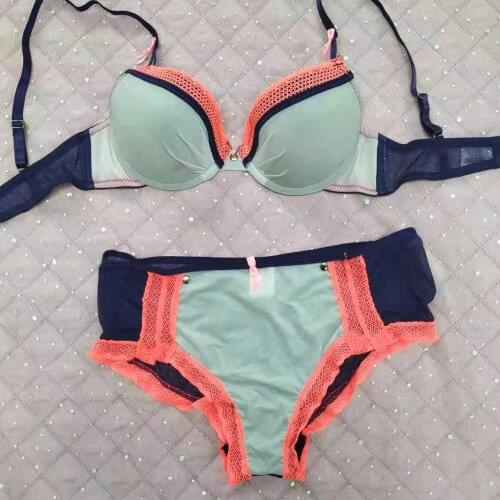 Color Block Bra and Panty Set Cotton Comofort French Women Lace Push Up Lingerie with Mesh Panties Young Girl Gathered Underwear