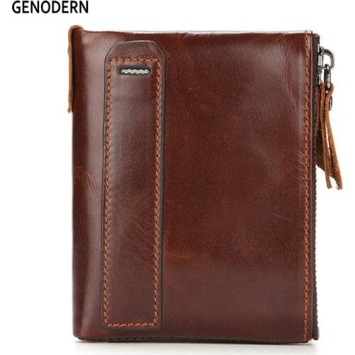 GENODERN RFID Genuine Cowhide Leather Men Wallet Small Vintage Wallets Short Double Zipper Purse Coin Pocket Card Holder