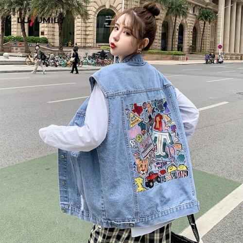 Lusumily Women Denim Vest Cartoon Printing Waistcoat Female Loose Sleeveless Jacket Casual Sleeveless Cowboy Outwear For Autumn