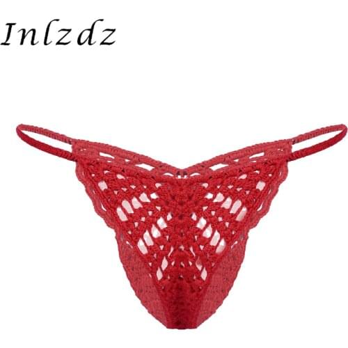 Mens Erotic Lingerie Underwear Handmade Crocheted G-String Hollow Out Bulge Pouch Briefs Elastic Waistband T-Back Thongs Panties