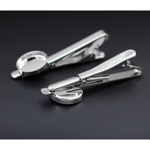 Rhodium tone Tie Clip Pin Clasps Mens Tie Bar with Round Deep Wall Bezel Cameo Bases Blanks Findings DIY Clothes Accessories